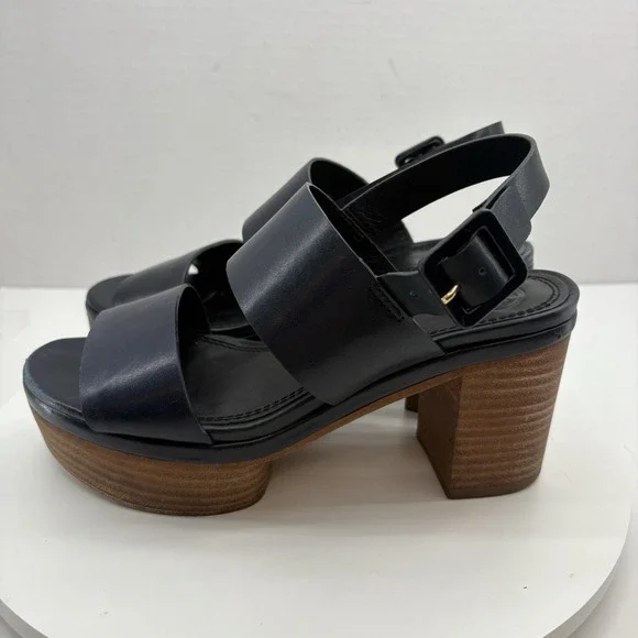 Tory Burch Solana Platform Sandals‎ Women's Size 5.5 Navy Blue Leather Strap - Picture 3 of 16